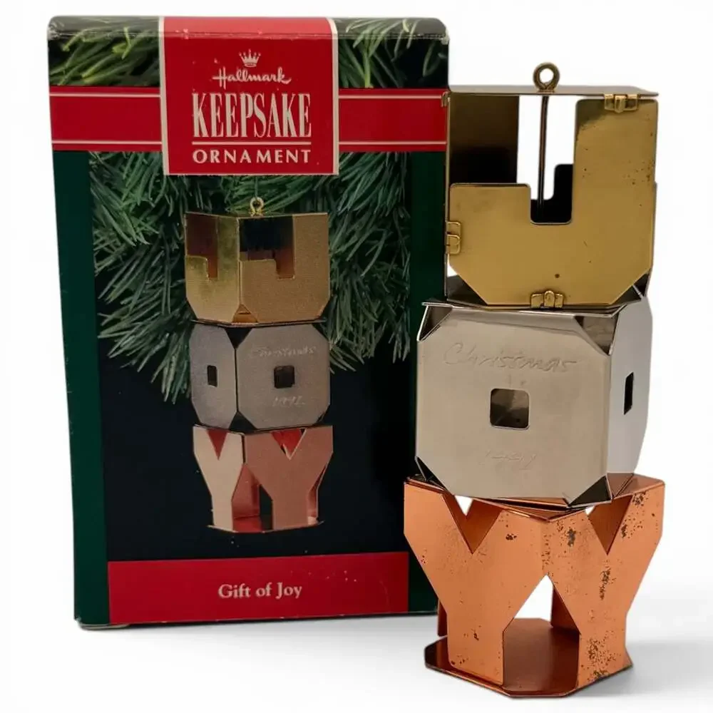 1991 Hallmark Keepsake Ornament Gift of Joy Chrome Brass and Copper
